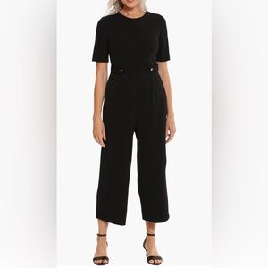 LONDON TIMES women black short sleeve waist tab crop black jumpsuit/size 10